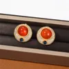 European/American Medieval Vintage Stud Temperament Red Agate Round Zircon Earrings Court Women's Accessories Jewelry