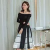 Casual Dresses Yigelila Spring Fashion Women Black Dress Slash-Neck Long Sleeves Elegant A-Line Dress Dinner Party Dress Mid-Calf 65241 230313