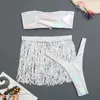 Women's Swimwear 3 Piece Bikini Sets Fashion Bandage Tube Tops and Sequin Tassel Skirt with Thong Shiny Swimsuits Holiday Swim Beachwear 230313