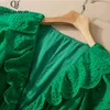 Abiti casual QHZ Designer Fashion Summer abito lungo ricamato con scollo a V per donna maniche arruffate elegante scava fuori verde Abito maxi slim 230313