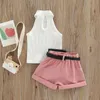 Ensembles de vêtements Petite fille Tenues trois pièces Couleur unie Sans manches Côtelé Col montant Hauts Pantalon court ceinturé Petit sac de taille 6M-4T 230313