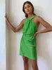 Casual Dresses Green Satin Backless Dress Summer 2023 Sexig ärmlös från axelfest bodycon kvinnor elegant klänning vestido kläder