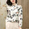 Blusas femininas de seda de seda de seda de seda real camisa de cetim elegante camisas listradas de colarinho listrado de manga longa tampas de manga longa mulher blusa casual