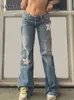 Kvinnors jeans Weekeep Vintage Star Jeans Pocket Stitching Straight Denim Pants Women Y2K Streetwear Casual Trousers Harajuku Low Rise Capris 230311