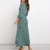 Casual Dresses Women Floral V Neck Maxi Dress Spring Ladies Long Puff Sleeve Fleared Dress Fashion Female Button Swing Dress A-Line 230313