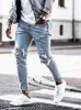 Męskie dżinsy męskie dżinsy streetwearne kolano rozerwane chuda hip hop moda estroydowe dziury presy stały kolor męski stretch dżinsowy dżins duże spodnie 230313