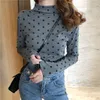 Dames t shirts halfhoge kraag polka stip lange mouwen t-shirt dames innerlijke bodem shirt slanke top ins vrouw kleding coquette