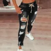 Womens Jeans Women Drawstring High Waist Stretch Ripped Hole Fashion Denim Full Length Pencil Pants Skinny Jean Trousers 230313