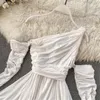 Casual Dresses Women Party Mini Dress Long Sleeve Pleated Buttad axel sexig vit kvinnlig sommar elegant klubb sundress 2023 atopos