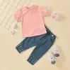 Kids Girls Clothes Sets Lace Puff Sleeve Solid Pullover T Shirts Tops Pearl Blue Denim Pants 2pcs Set