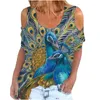 Kvinnors blusar Casual Summer Womens Tops och T Shirt Peacock Animal Print Sexig Off Shoulder Short Sleeve Loose Top Tee Pullover