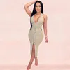 Casual Dresses #6018 Black Beige High Waisted Mesh Midi Dress Halter Neck Sexy Backless Perspective Woman Diamonds Tight Party Night Club