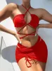 Swim wear 3 Pieces Set Swimsuit Women High Waist Swimwear Sexy Lace Up Micro Bikini Set With Skirt Solid Beachwear Bathing Suit 230313