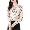 Dames blouses elastische twill satijnen zijden boog shirt dames 2023 lente jurk golf stip backing professionele moerbei top