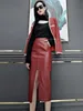 التنانير Lautaro Long Soft Faux Leather Pencil Skirt Women مع جيوب الأمامية الشق الجبهة مرتفعة من تنانير Midi للنساء تنورة حمراء 230313