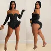 Mulheres Macacões Macacão Vestidos de Dança Latina Mangas Compridas Sexy Vestido Mulher Night Club Saia Shorts 2023 Verão Beads Feather Skinny Bodysuit