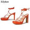 Top Chunky Square Heels Sandals Fashion Peep Toe Ankle Cross Lace-Up Platform Women Stripper Shoes 230306