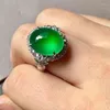 Cluster Rings Original Silver Inlaid Natural Hetian Chrysoprase Oval Ring Ladies Adjustable Luxury Elegant Chinese Engagement Party Jewelry