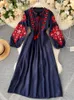 Casual Dresses Women Autumn Dresses Bohemian Embroidered Flower O-Neck Lantern Sleeve High Waist Pleated Dress All-match Female Vestidos PL393 230311