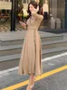 Casual Dresses Spring Autumn Elegant Women Dress Chic Temperament Formal Notched Neck Slim Pleated Midi Party Street Robe Femme Mujer