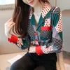 Women's Blouses Shirts Women Print Blouse Shirt Women Long Sleeve Shirt Elegant V-Neck Blouse Ladies Korean Office Tops Blue Green Women Clothing 230313