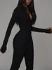 Women's Jumpsuits Rompers Kliou Solid Black/White Bodycon Jumpsuit Women Sporty Rompers Summer Fitness Long Sleeve Zipper Elastic 230311