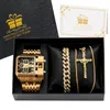 Wristwatches Luxury Bracelet Necklace Watch Gift For Men Golden Men's Black Square Dial Wristwatch Set Stainless Steel Watches Reloj