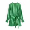 Robes décontractées 2023 robe verte femmes Satin femme élégante à manches longues Mini été dame noeud Wrap soirée courte