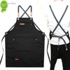 New 2021 New Fashion Unisex Work Apron For Men Canvas Black Apron Bib Adjustable Cooking Kitchen Aprons For Woman With Tool Pockets