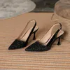 Dress Shoes 2023 Gold Sequins Sandals Women Shiny Nude Leather Slingback Rear Strap Sandalias Mujer Traf High Heels Ladies Pumps