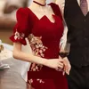 Roupas étnicas Temperamento de manga de sopa sólida vestido de banquetes de celebridades apliques requintados vestido de noivado de mulheres mansas Cheongsam Plus Size 3xl