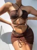 Swim wear 3 Pieces Set Swimsuit Women High Waist Swimwear Sexy Lace Up Micro Bikini Set With Skirt Solid Beachwear Bathing Suit 230313