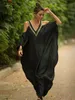 Casual Dresses Sexy Cold Shoulder V Neck Bats Sleeve Loose Summer Beach Dress Plus Size Women Beachwear Kaftan Black Dress Q943 230311