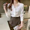 Women's Blouses Shirts Silk Shirts 8 Colors Spring Women White Long Sleeve Blouse Office Lady Satin Silk Tops Woman Basic Bottoming Autumn T11001X 230313