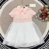 23ss Designer brand kids dress Small lapel design mesh gauze stitching skirt Fashion double F classic letter logo dress girls Kids skirt Baby Clothes a1