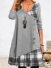 Casual Dresses Elegant Printed Party Dress for Women Autumn Winter V Neck Casual Stitching Clothing Knappar Vintage Långärmad Pullover Dress 230313