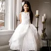 Abiti da ragazza Fiore Applique in pizzo Tulle Colletto con una parola Mezza manica Prima comunione Festa da principessa