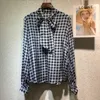 Women's Blouses Silk High Quality Designer 2023 Spring Women Blue Houndstooth Shirts Lantern Sleeve Bow Collar B314