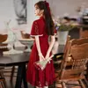 민족 의류 Cheongsam Toast Dress Bride 2023 웨딩 약혼 레드 짧은팔 가을 일일 우아함