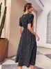 Casual Dresses Jim Nora Elegant Summer Beach Sundress Midi Dress Women Boho Chiffon Polka Dot Casual Mid-Längd Temperament Retro Dresses 230313