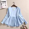 Kvinnors blusar skjortor Spring Autumn Women Cotton Linen Blue Casual Loose Ruffles Plaid Bluses Female Long Sleeve Shirts Bottom BlusaS TOPS AB1606 230313