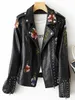 Women's Jackets FTLZZ Women Retro Floral Print Embroidery Faux Soft Leather Jacket Coat Turndown Collar Pu Moto Biker Black Punk Outerwear 230311