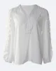 Kvinnors blusar 2023 Kvinnor knäppt spets patch casual topp ninimour v hals långärmad t-shirts dagligen bär solid vit blus toppar kläder