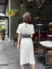 women sets ladies dress 2pcs Metal logo accessories short T-shirt and pleated skirt Summer Elegant Size S-L New arrival Mar01