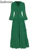 Casual Dresses Gedivoen Fashion Designer Dress Autumn Women's Dress V-krage Lantern Sleeve Hollow Ruffles Casual Green Maxi Dresses 230313