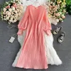 Casual Dresses Women Chiffon Dress Elegant Pleated Drees Medium Längd långärmare O-Neck Lantern Sleeve A-Line Solid High midja