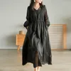 Casual Dresses Zcwxm Summer Cotton Long Dress Women Three Quarter Sleeve Loose Korean Lace Up V-Neck Solid Stitched Maxi