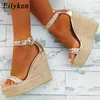 top Summer Peep Toe Weave Cane Straw Sandals Buckle Platform Wedges Women Fashion High Heels Female Shoes 230306