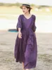 Casual Dresses Zcwxm Summer Cotton Long Dress Women Three Quarter Sleeve Loose Korean Lace Up V-Neck Solid Stitched Maxi