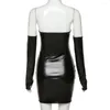 Casual Dresses Faux PU Leather With Gloves Party Dress Women Backless Sexy Clubwear Skinny Slim Solid Fashion Bodycon Mini
